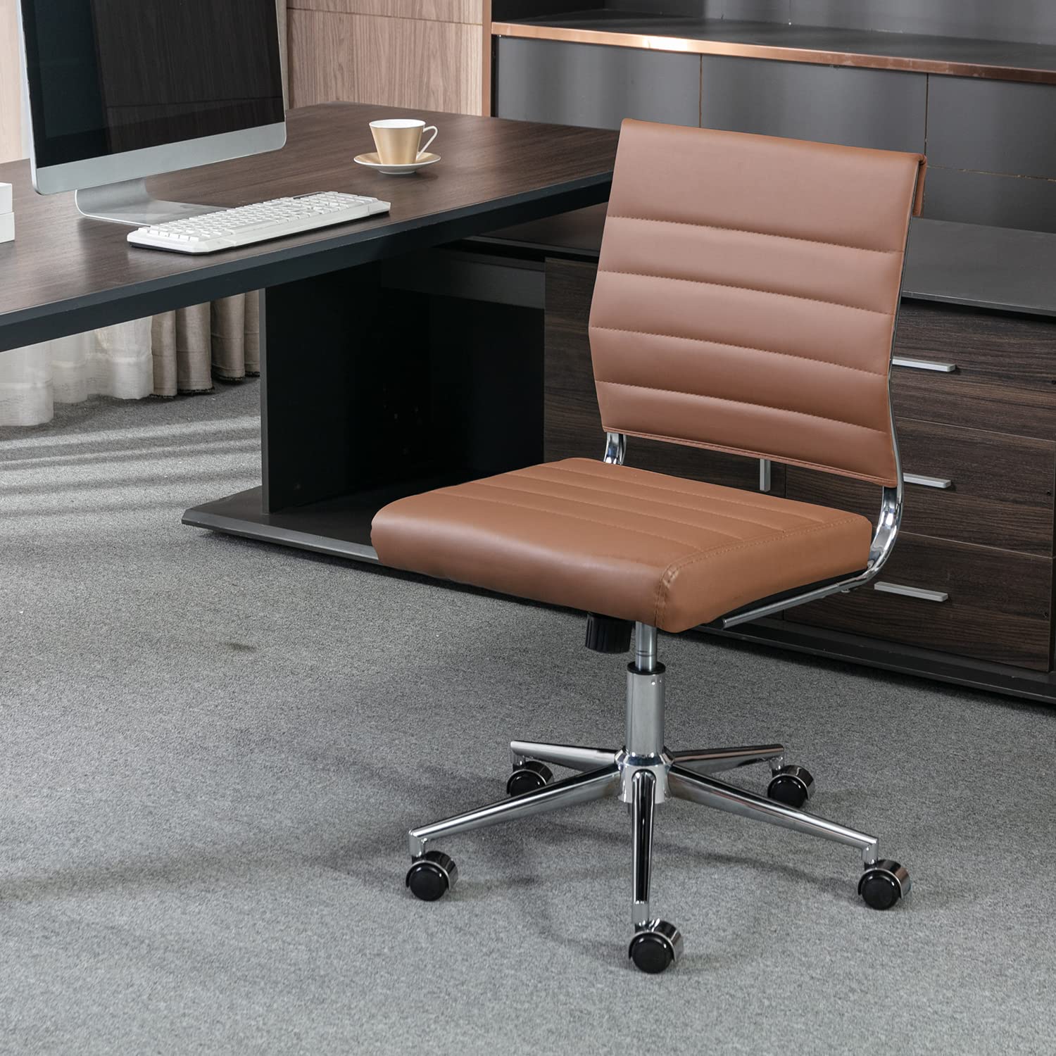 Brown Armless Office Desk Chair, Mid Back Ergonomic Swivel Conference Room Chairs, Adjustable Height PU Leather Home Desk Chair, Modern Small Rolling Computer Task Chair