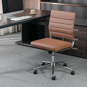 Brown Armless Office Desk Chair, Mid Back Ergonomic Swivel Conference Room Chairs, Adjustable Height PU Leather Home Desk Chair, Modern Small Rolling Computer Task Chair
