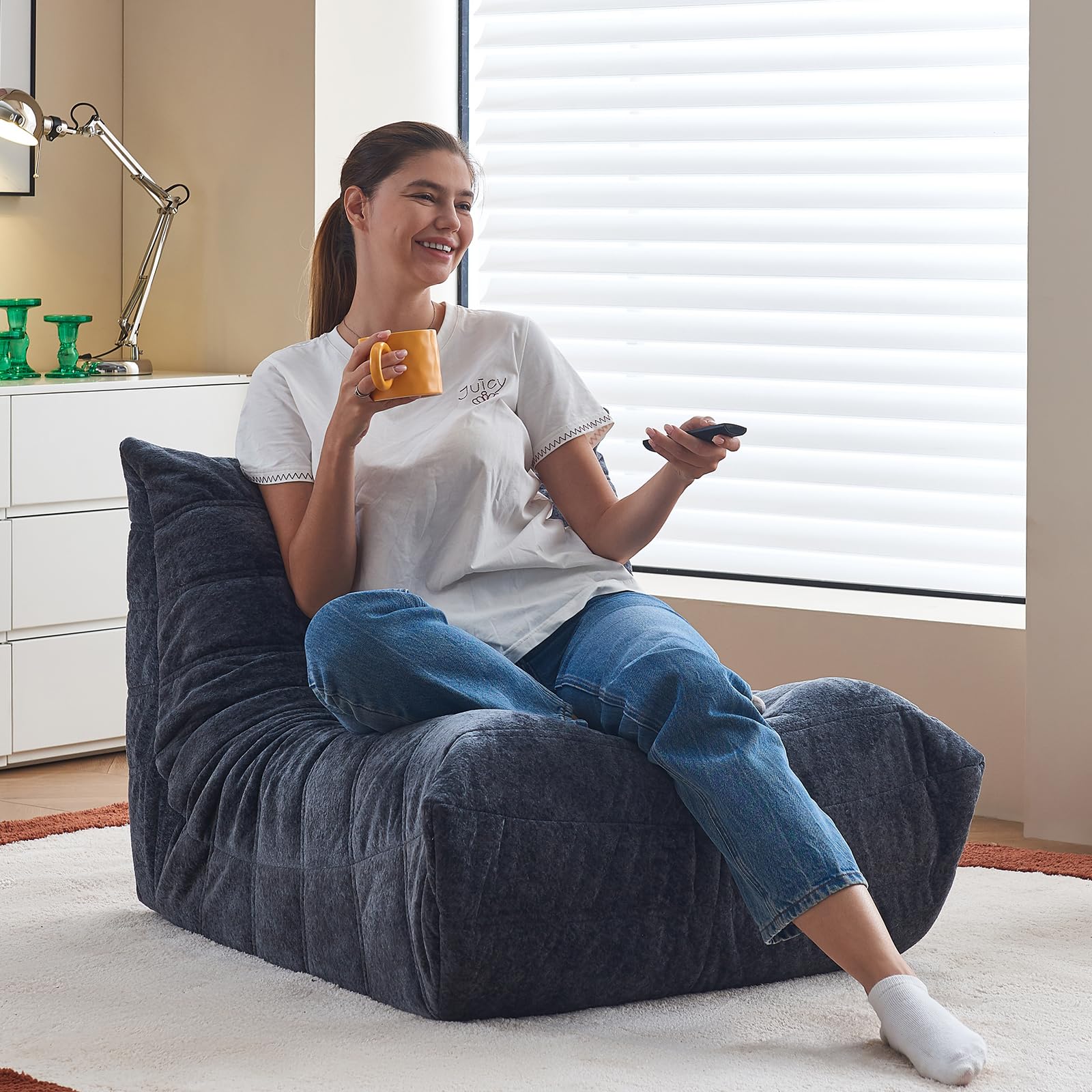 Bean Bag Chairs for Adults, Giant Bean Bag Chair, Memory Foam Beanbag Chair, One-Piece Foam Padding, Bean Bag Sofa for Living Room, Dorms, Apartments, Reading Corner (Blue Grey Plush)