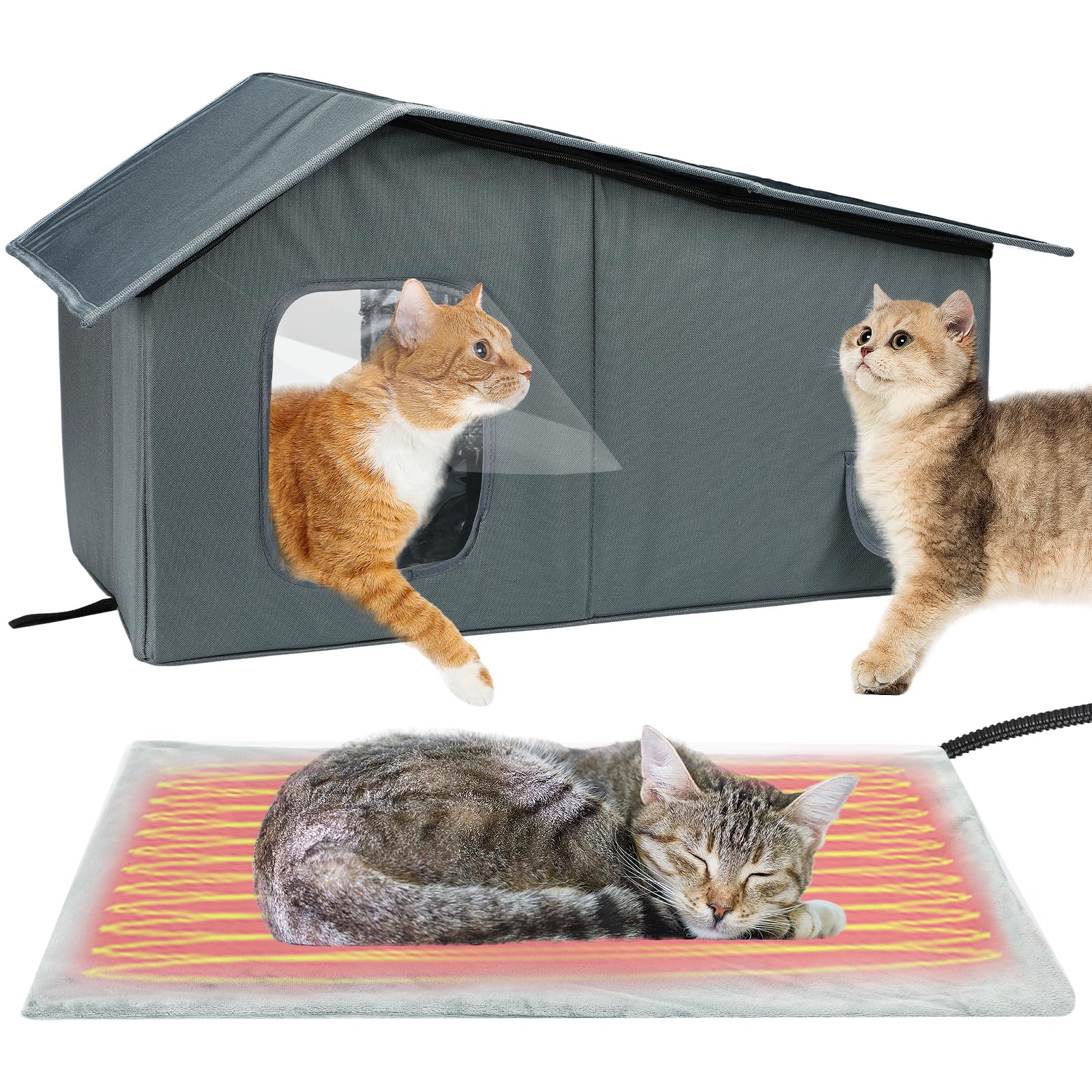 Weatherproof Heated Cat Houses for Outdoor Cats - Insulated Cat Shelter for Winter with Thermostatic Heating Pad and Escape Door, Warm Outside Pet House Gift for 2-3 Feral Cats (Large)