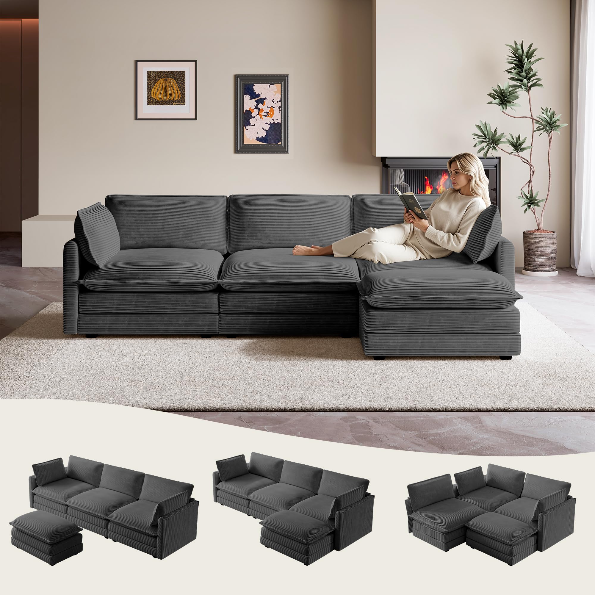 104'' Modular Sectional Cloud Couch with Movable Ottoman, 4 Seat Modern Corduroy Sofa, Deep Seat L Shaped Couch for Living Room Bedroom Apartment, Dark Grey