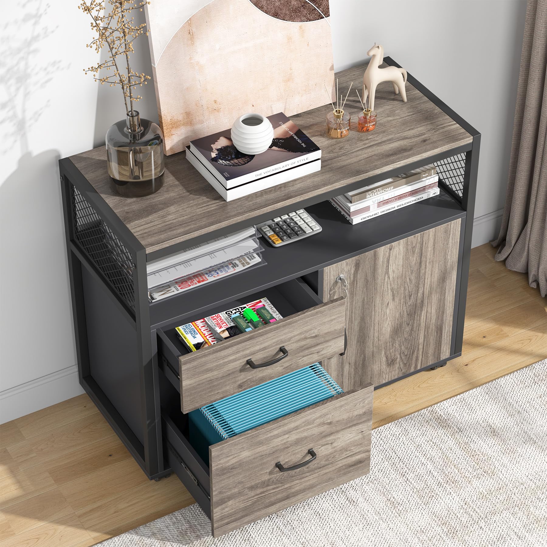 Office Desk with Drawers Sets, 55 inches L Shaped Computer Desk with Mobile File Cabinet,Big Executive Desk for Home Office Furniture Sets (Dark Oak, 55-inch)