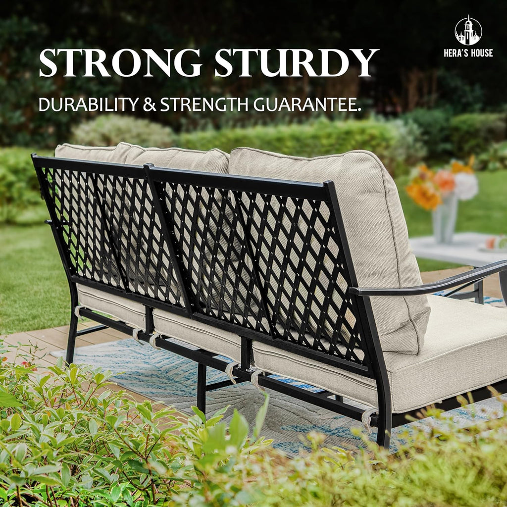 7 Piece Patio Furniture Set, 4 x Fixed Metal Cushioned Chair, 2 x Cushioned Ottoman, 1 x 3-Seat Sofa, Outdoor Conversation Set for Lawn Garden Backyard Poolside