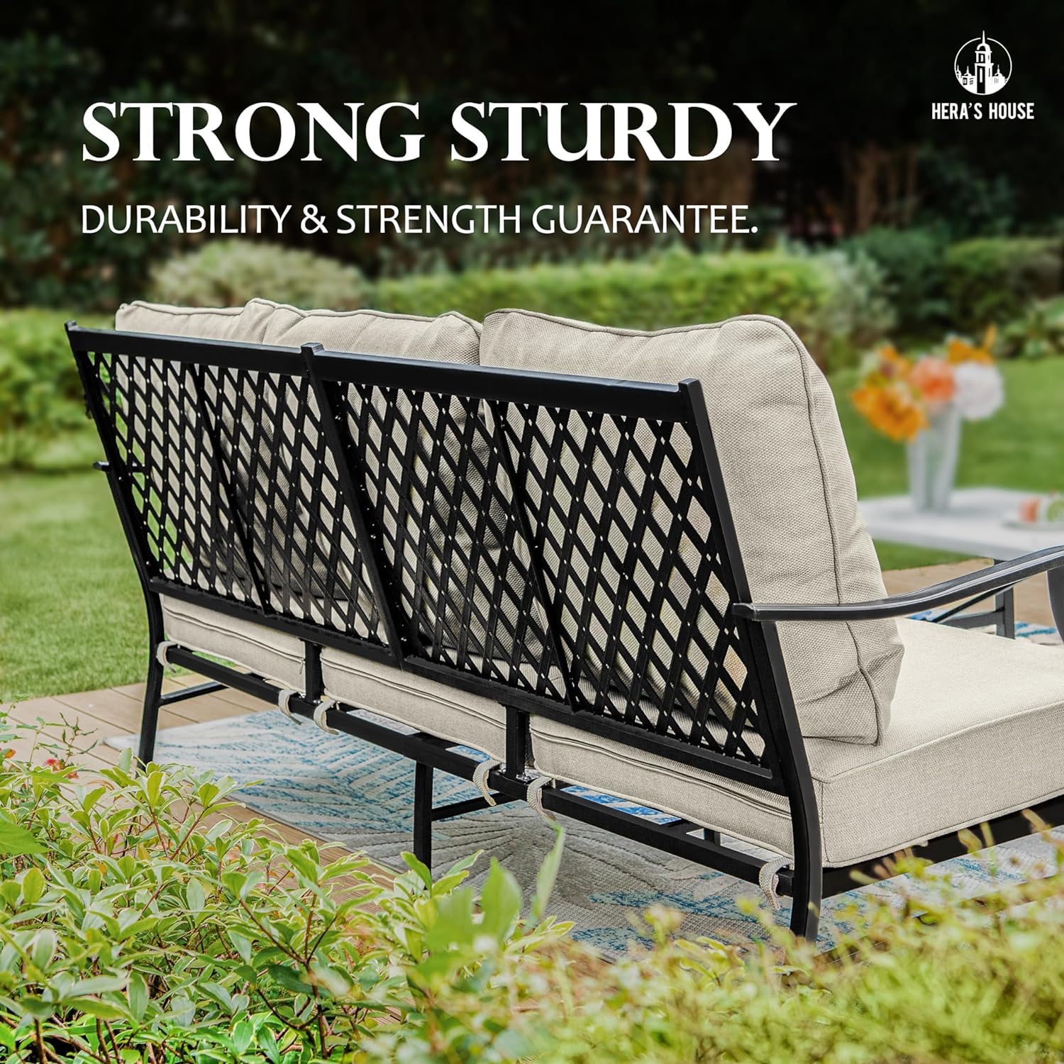 7 Piece Patio Furniture Set, 4 x Fixed Metal Cushioned Chair, 2 x Cushioned Ottoman, 1 x 3-Seat Sofa, Outdoor Conversation Set for Lawn Garden Backyard Poolside