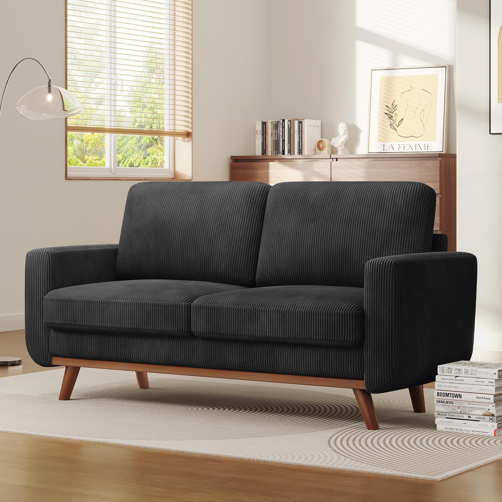 68" Loveseat Sofa Black, Comfy Corduroy Couch with Spring Cushion and Solid Wood, Modern Extra Deep Seat for Bedroom, Living Room, Office