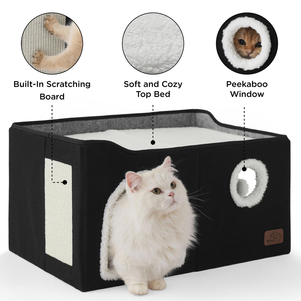 Large Cat Beds for Indoor Cats - Extra Wide Cat Cube House for Small Pet with Fluffy Ball Hanging and Scratch Pad, Foldable Pet Cave Hideaway for Multiple Cats, 23.6x16.9x13 inches, Black