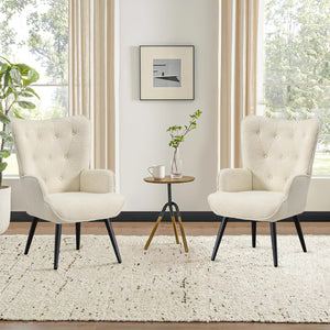 Boucle Accent Chair for Living Room, Upholstered Reading Chair with High Backrest, Tufted-Button Wingback Armchair for Bedroom, Dressing Room, Home Office, Ivory White