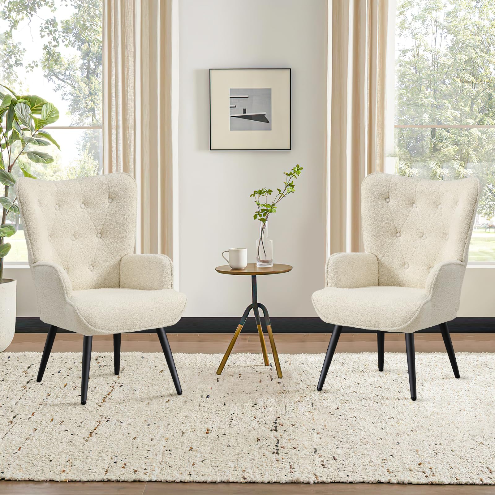 Boucle Accent Chair for Living Room, Upholstered Reading Chair with High Backrest, Tufted-Button Wingback Armchair for Bedroom, Dressing Room, Home Office, Ivory White, Set of 2