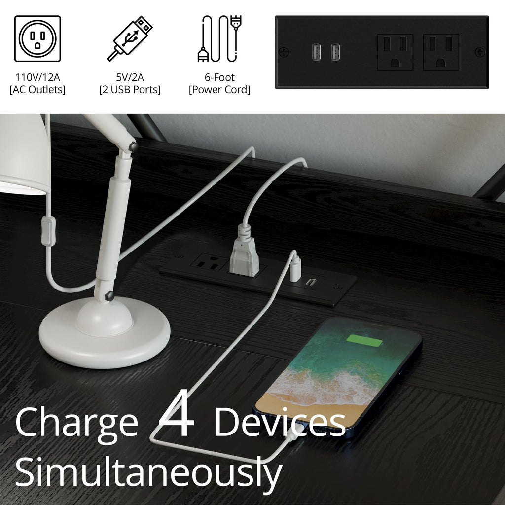 Computer Desk 47" with Power Outlet and Storage Shelves, Study Writing Table with USB Ports Charging Station, PC Desk Workstation for Home Office, Black