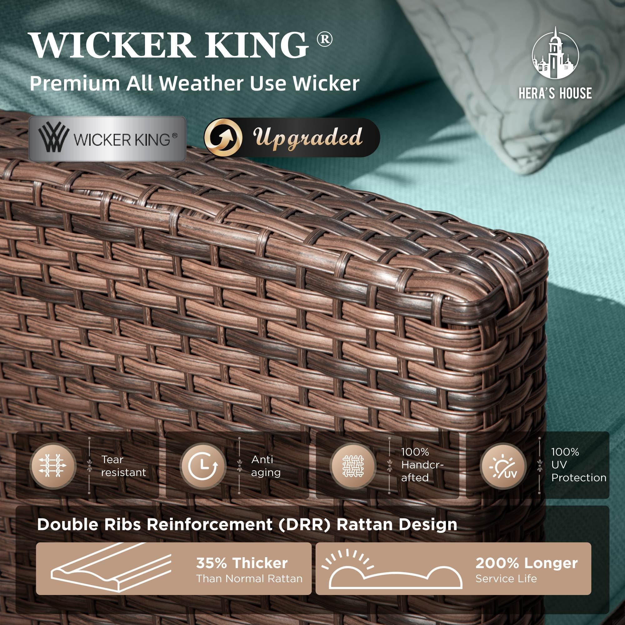 Patio Wicker Chairs Outdoor Swivel Rocker Chairs Set with Ottomans, 4 Piece Patio Seating Furniture Conversation Sets for Lawn Deck Porch Pool, Brown/Blue