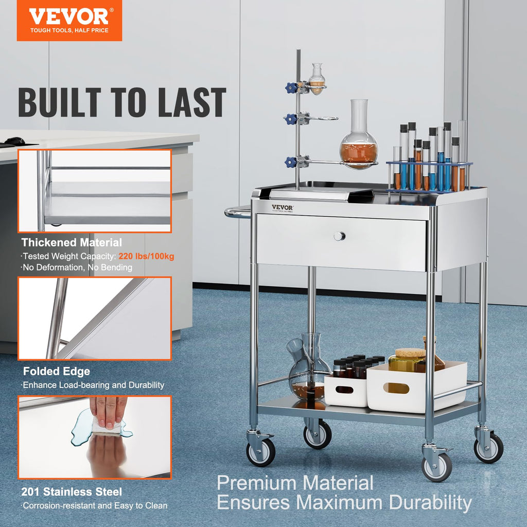 Medical Cart, 2-Layer Stainless Steel Cart 220 lbs Weight Capacity, Lab Utility Cart with 360° Silent Wheels and a Drawer for Lab, Clinic, Kitchen, Salon