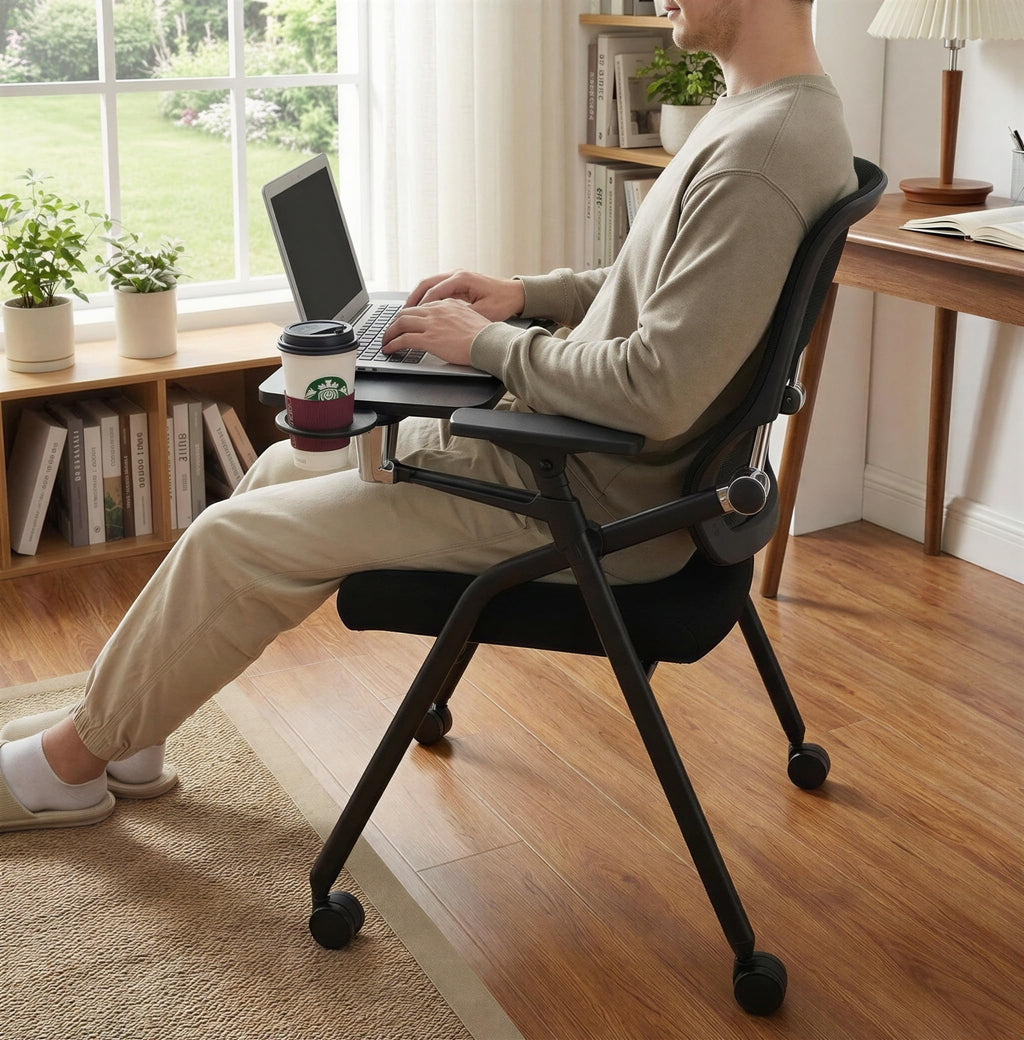 Updated Conference Room Chairs with Tablet Arm, Folding Office Desk Chair with Lumbar Support and Sliding Armrest with Casters, Stackable Office Guest Chairs & Reception Chairs, 1 Pack Black