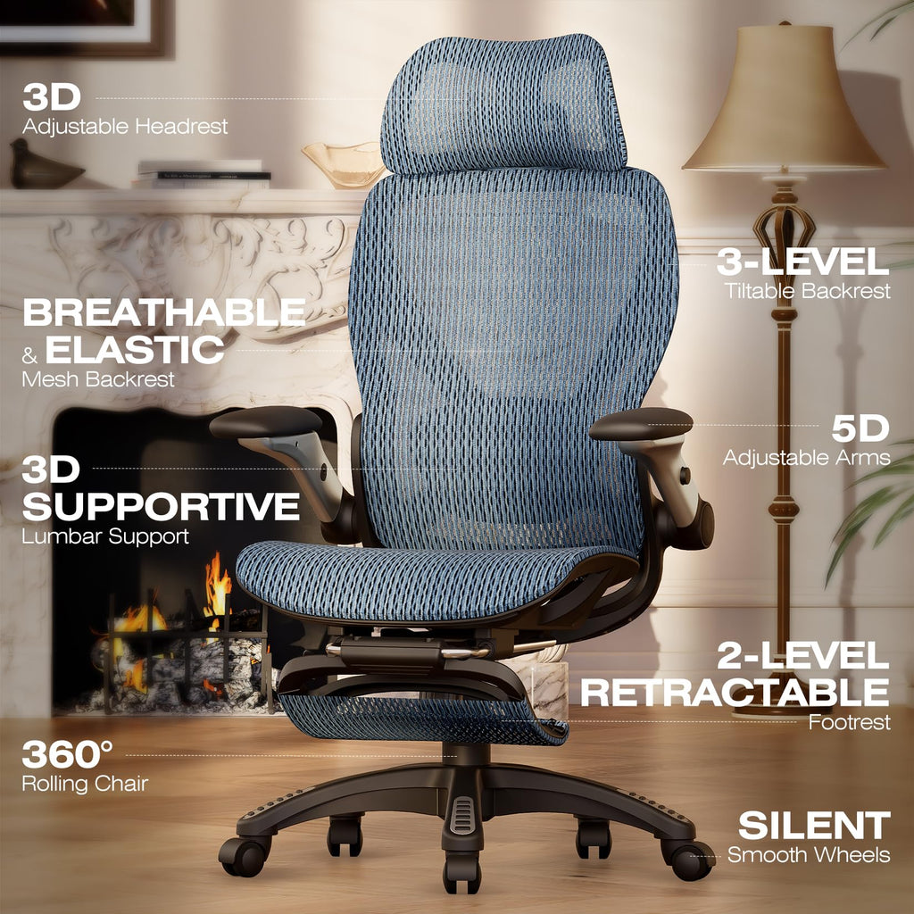 Ergonomic Office Chair with Footrest, Big and Tall Home Desk Chair with 5D Flip-Up Arms, Adjustable 3D Lumbar Support,High Back Rolling Computer Chair, Swivel Mesh Chairs (Oaxaca Blue)