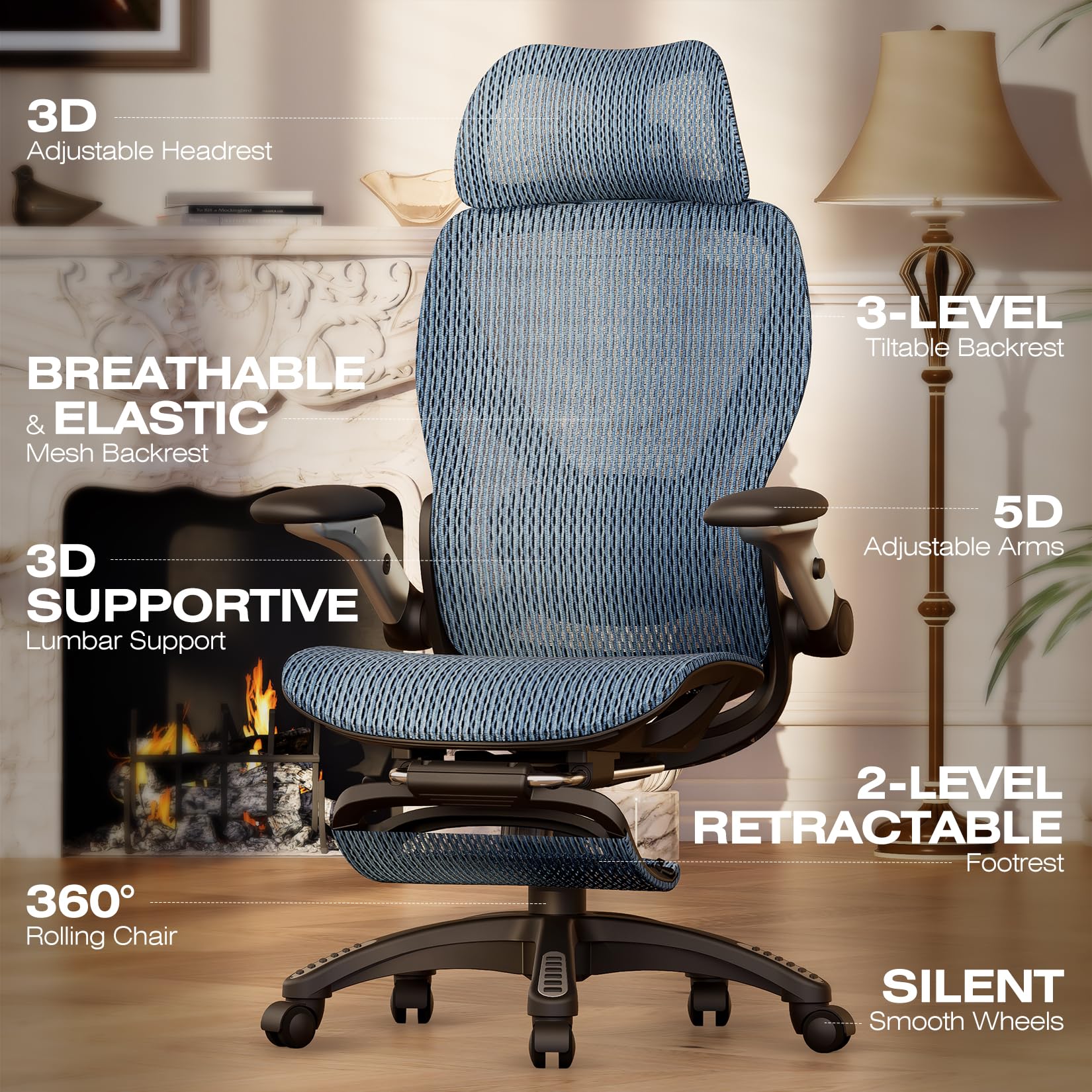 Ergonomic Office Chair with Footrest, Big and Tall Home Desk Chair with 5D Flip-Up Arms, Adjustable 3D Lumbar Support,High Back Rolling Computer Chair, Swivel Mesh Chairs (Oaxaca Blue)