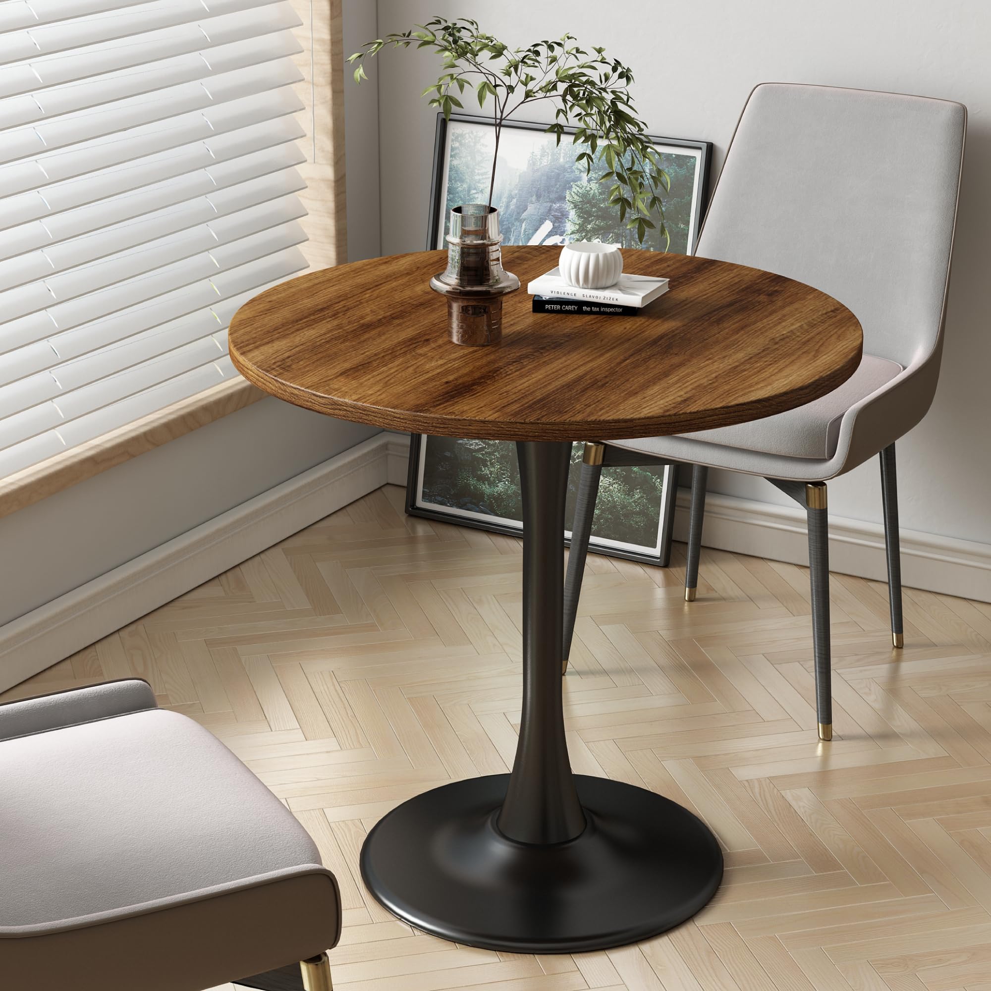 Round Dining Table 30" Circle Tulip Table with Wood Thickened Tabletop & Sturdy Metal Pedestal Mid Century Modern Farmhouse Kitchen Tables for 4 Small Places Living Room Cafe,Somber Walnut