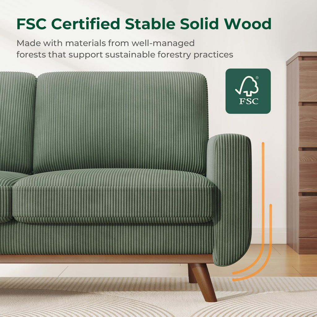 68" Comfy Green Corduroy Loveseat Sofa, 2 Seater Deep Seat Couch with Spring Cushion, Solid Wood Frame for Living Room, Bedroom, Office