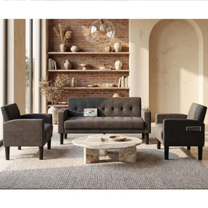 Sofa Couch, Living Room Furniture Sectional Sofa Sets of 3 Pcs, Tufted Mid-Century Loveseat w/USB, Cupholders & Comfy Single Sofa for Small Space, Apartment, Office (Dark Grey)
