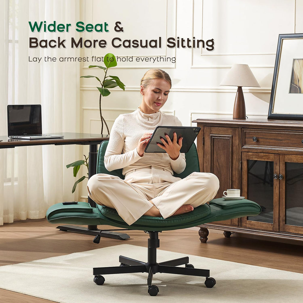 Criss Cross Office Chair, PU Leather Vanity Chair with 5-Level Adjustable Armrests & Swivel, Ergonomic Criss Cross Chair for Home Office Bedroom Makeup（Green）
