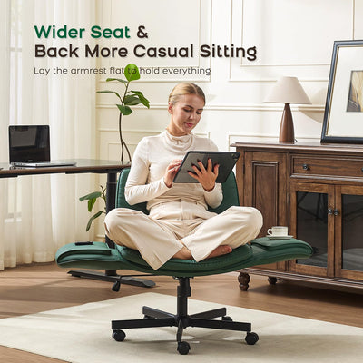 Criss Cross Office Chair, PU Leather Vanity Chair with 5-Level Adjustable Armrests & Swivel, Ergonomic Criss Cross Chair for Home Office Bedroom Makeup（Green）