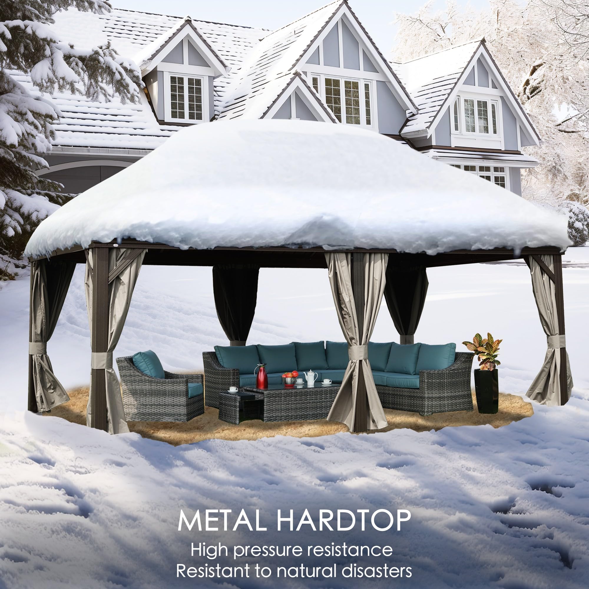 12' x 20' Hardtop Gazebo, Aluminum Frame with Galvanized Steel Double Roof, Outdoor Permanent Pavilion with Curtains and Netting for Patio, Backyard, Deck, Lawn (Brown)