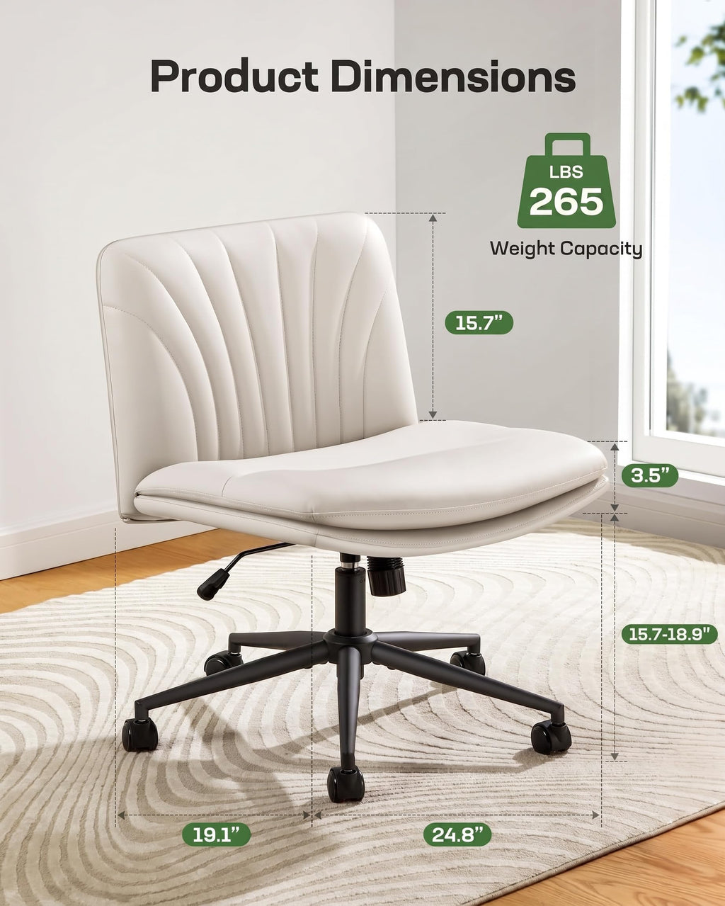 Armless-Office Desk Chair with Wheels: PU Leather Cross Legged Wide Chair,Comfortable Adjustable Swivel Task Chairs for Home,Office,Make Up,Small Space,Bed Room(Light Beige)