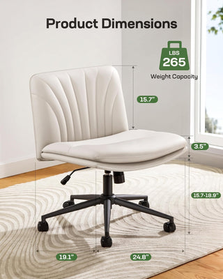 Armless-Office Desk Chair with Wheels: PU Leather Cross Legged Wide Chair,Comfortable Adjustable Swivel Task Chairs for Home,Office,Make Up,Small Space,Bed Room(Light Beige)