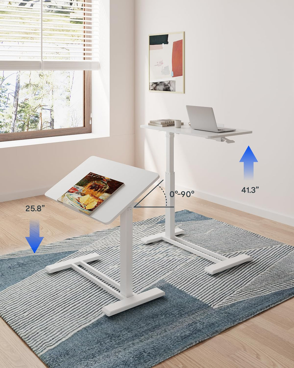 H7 PRO Mobile Standing Desk Adjustable Overbed Table Pneumatic with Wheels 90°Tiltable Portable Laptop Desk Rolling Computer Cart Foldable Bedside Table(31.5" W x 17.7" D, White)