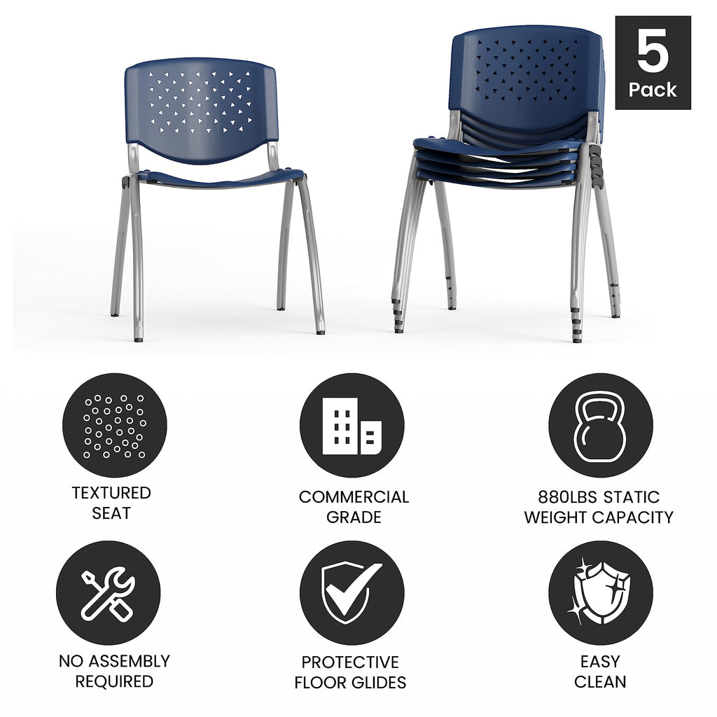 Hercules Series Plastic Contoured Lobby Chairs with Perforated Backs, Ergonomic Stacking Chairs for Offices, Set of 5, Navy