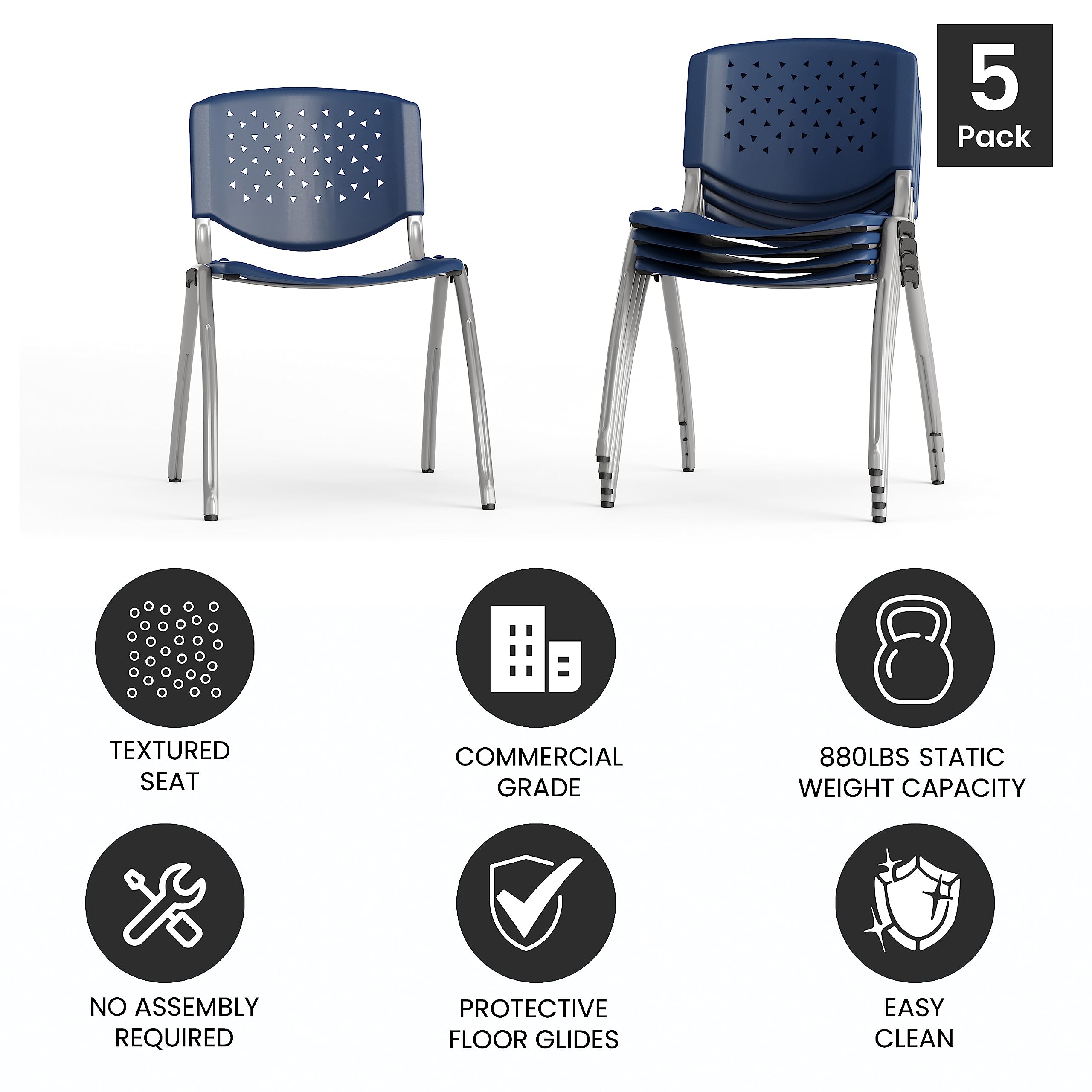 Hercules Series Plastic Contoured Lobby Chairs with Perforated Backs, Ergonomic Stacking Chairs for Offices, Set of 5, Navy