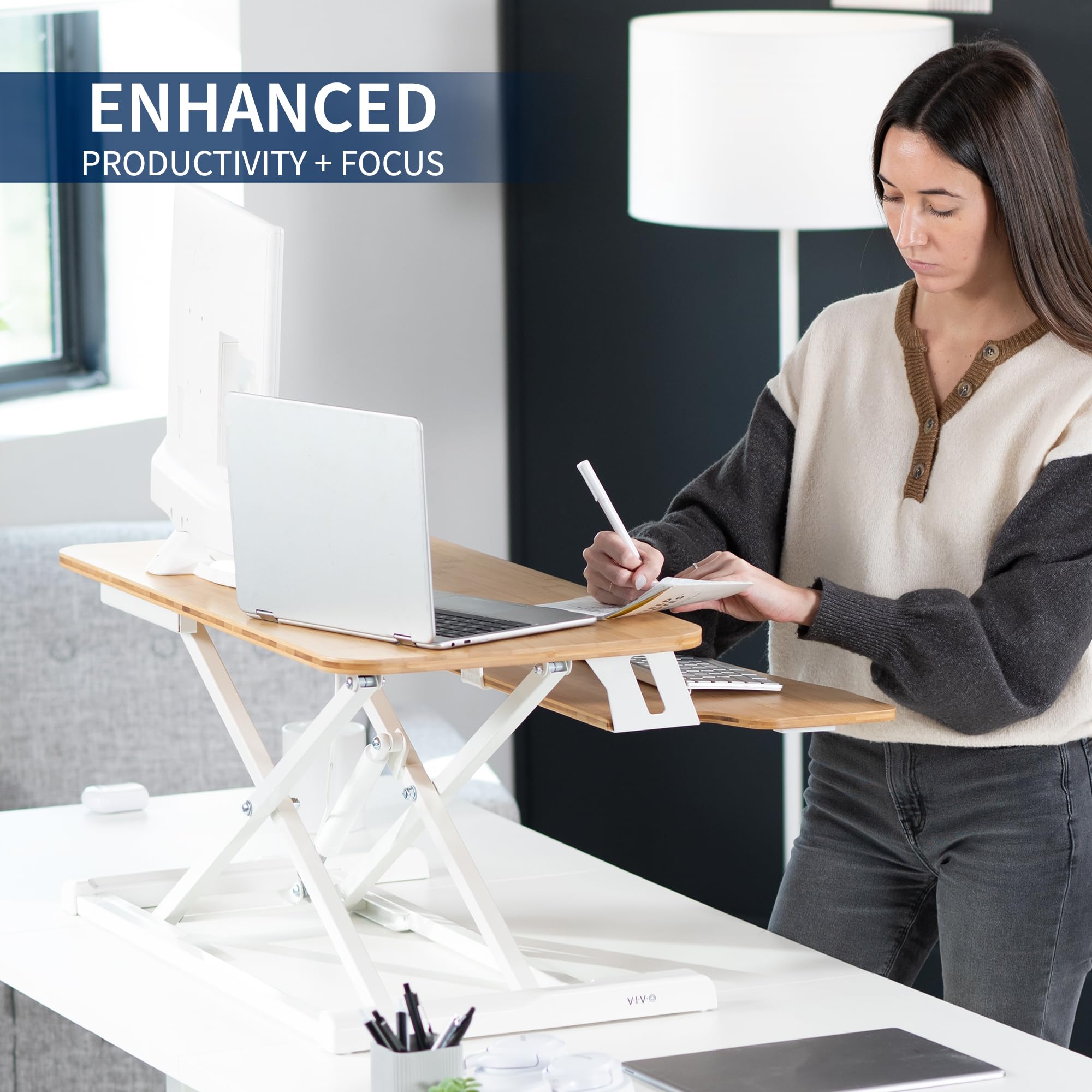 32 inch Desk Converter, K Series, Height Adjustable Sit to Stand Riser, Dual Monitor and Laptop Workstation with Wide Keyboard Tray, Bamboo Top, White Frame, DESK-V000KO