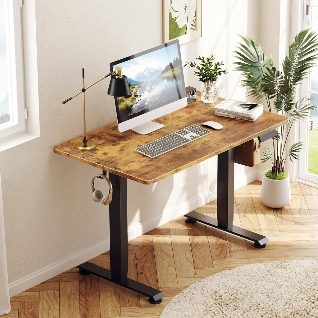 39.4" Small Electric Standing Desk, Height Adjustable Sit Stand Up, Wood Desktop, Work Home Office Computer PC Desks, Writing Study Bedroom Rising Table, Brown