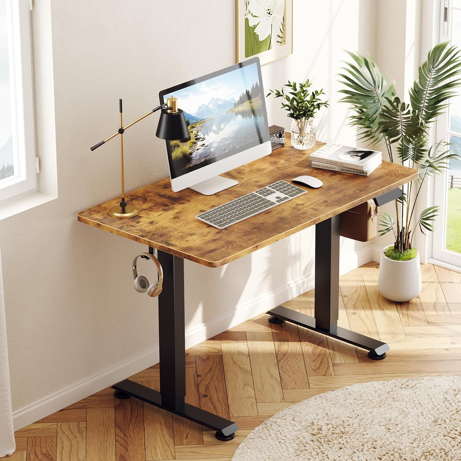 39.4" Small Electric Standing Desk, Height Adjustable Sit Stand Up, Wood Desktop, Work Home Office Computer PC Desks, Writing Study Bedroom Rising Table, Brown