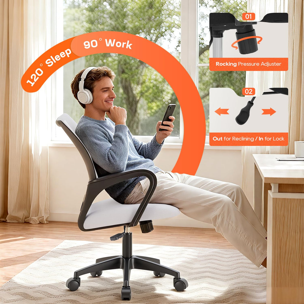 Ergonomic Office Chair | Mid-Back Swivel Desk Chair | Breathable Backrest & Lumbar Support | Adjustable Height | Sponge Seat | Rolling Wheels | White | for Adults & Women