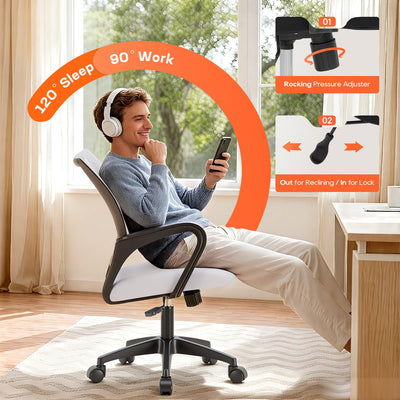 Ergonomic Office Chair | Mid-Back Swivel Desk Chair | Breathable Backrest & Lumbar Support | Adjustable Height | Sponge Seat | Rolling Wheels | White | for Adults & Women