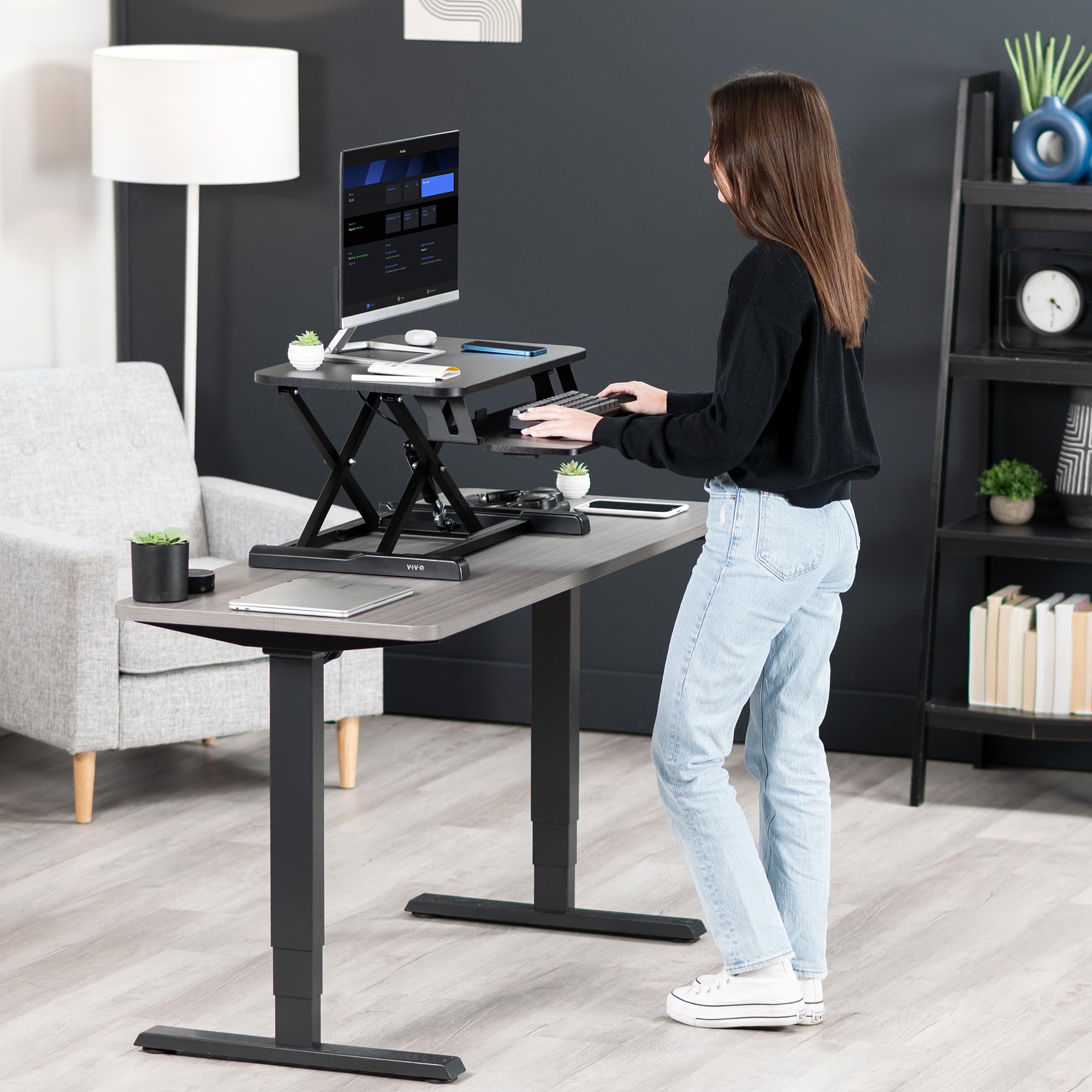 26 inch Desk Converter, K Series, Height Adjustable Sit to Stand Riser, Dual Monitor and Laptop Workstation with Keyboard Tray, Black, DESK-V026KB