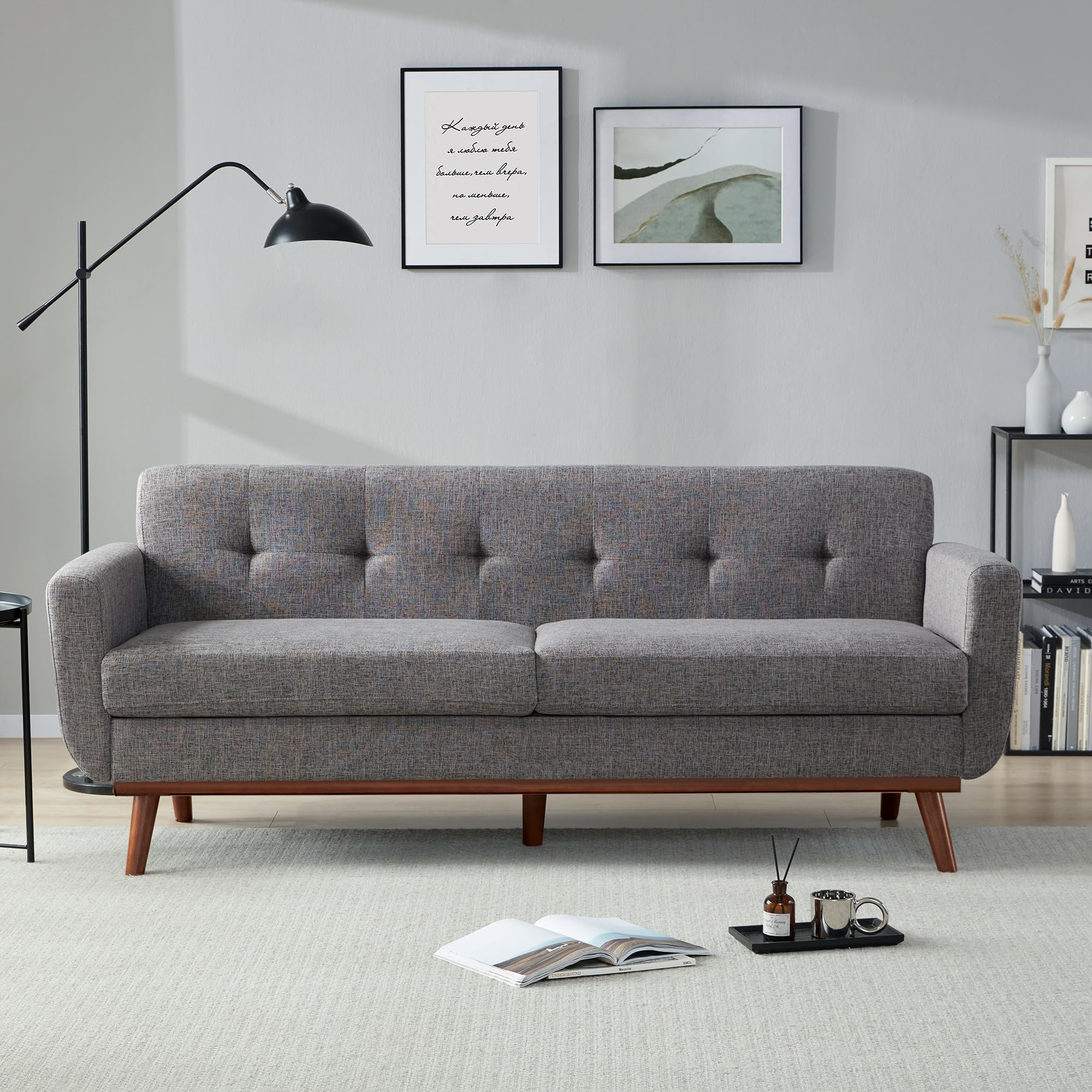 77.2" W Loveseat Sofa, Mid Century Modern Decor Love Seat Couches for Living Room, Button Tufted Upholstered Furniture, Solid & Easy to Install Small Couch for Bedroom Office Apartment, Gray