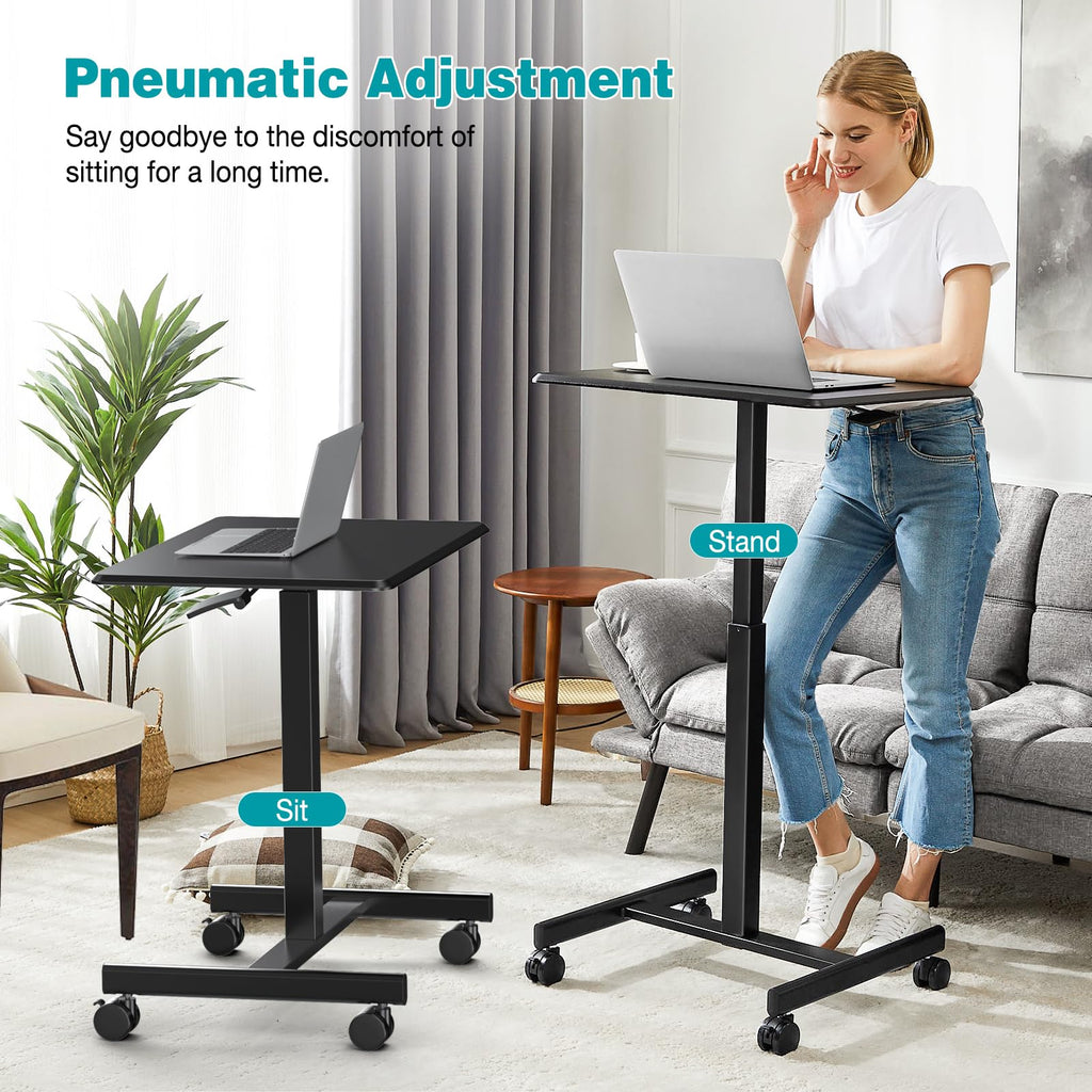 Mobile Small Standing Desk, Portable Rolling Laptop Desk with 2 Lockable Wheels, Adjustable Height Computer Workstation for Home Office, 19 Inch Black
