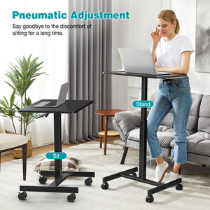 Small Rolling Desk Mobile Standing Portable Laptop PC Table with Wheels, Adjustable Height Computer Workstation for Bedroom Study Use, Space Saving Home Office Desk, Modern Black