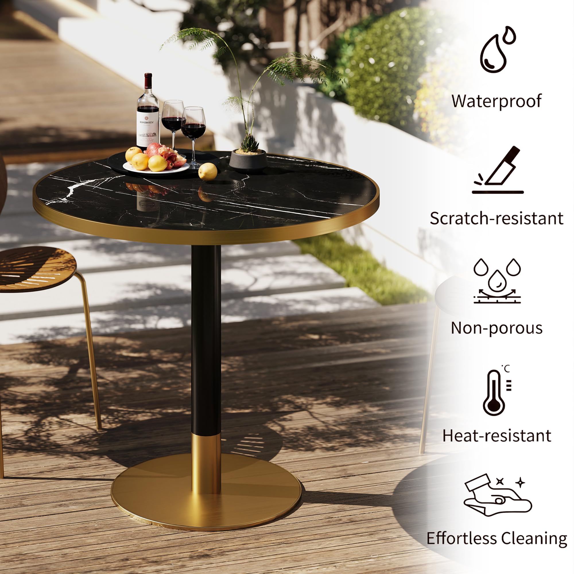 31.5" Tulip Table,Round Kitchen Dining Table for 2-4 with Thick Sintered Stone Top,Titanium Golden Pedestal Base,Heat-Resistant,Bistro Table for Dining Room,Café,Small Space（Inky Axis）