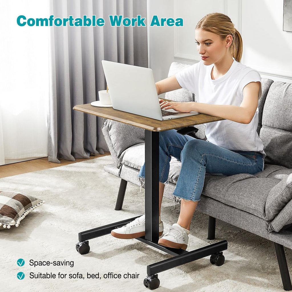 Small Standing Desk Mobile Portable Rolling Laptop PC Table on Wheels Adjustable Height Computer Workstation for Home Office, 19 Inch, Modern Brown