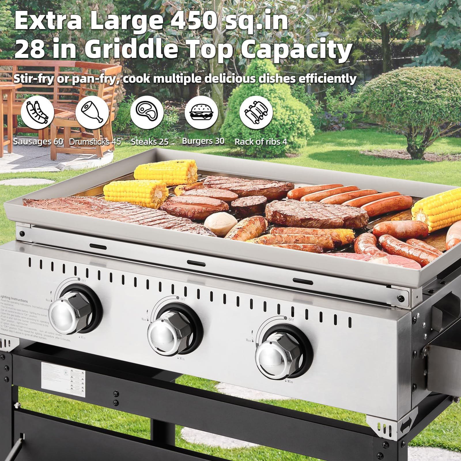3 Burner 30000 BTU Outdoor Gas Griddle with Lid (Side Shelf), Portable Flat Top Griddle 28 Inch Heavy- Duty Cast lron Grill, Bottle Rack & Grease Pan for Camping, Picnic, Patio