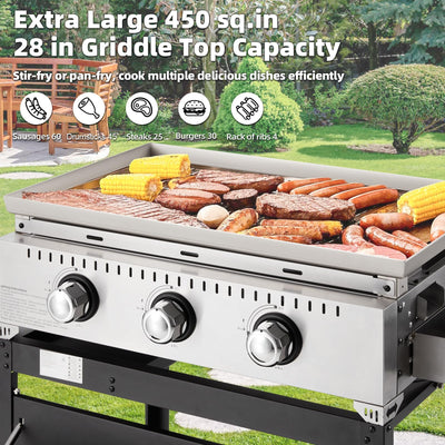 3 Burner 30000 BTU Outdoor Gas Griddle with Lid (Side Shelf), Portable Flat Top Griddle 28 Inch Heavy- Duty Cast lron Grill, Bottle Rack & Grease Pan for Camping, Picnic, Patio