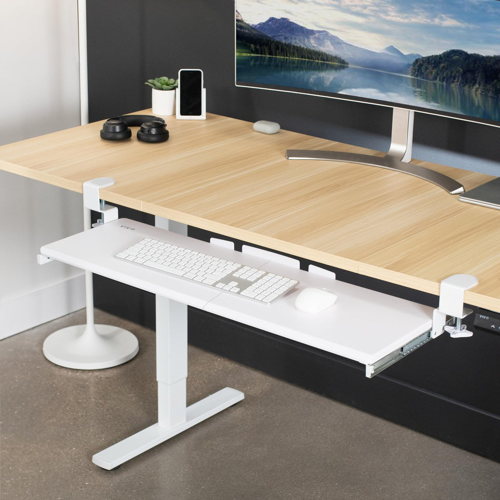 Extra Long Clamp-on Computer Keyboard and Mouse Under Desk Slider Tray, 34 x 11 inch Pull Out Platform Drawer, White, MOUNT-KB15EW