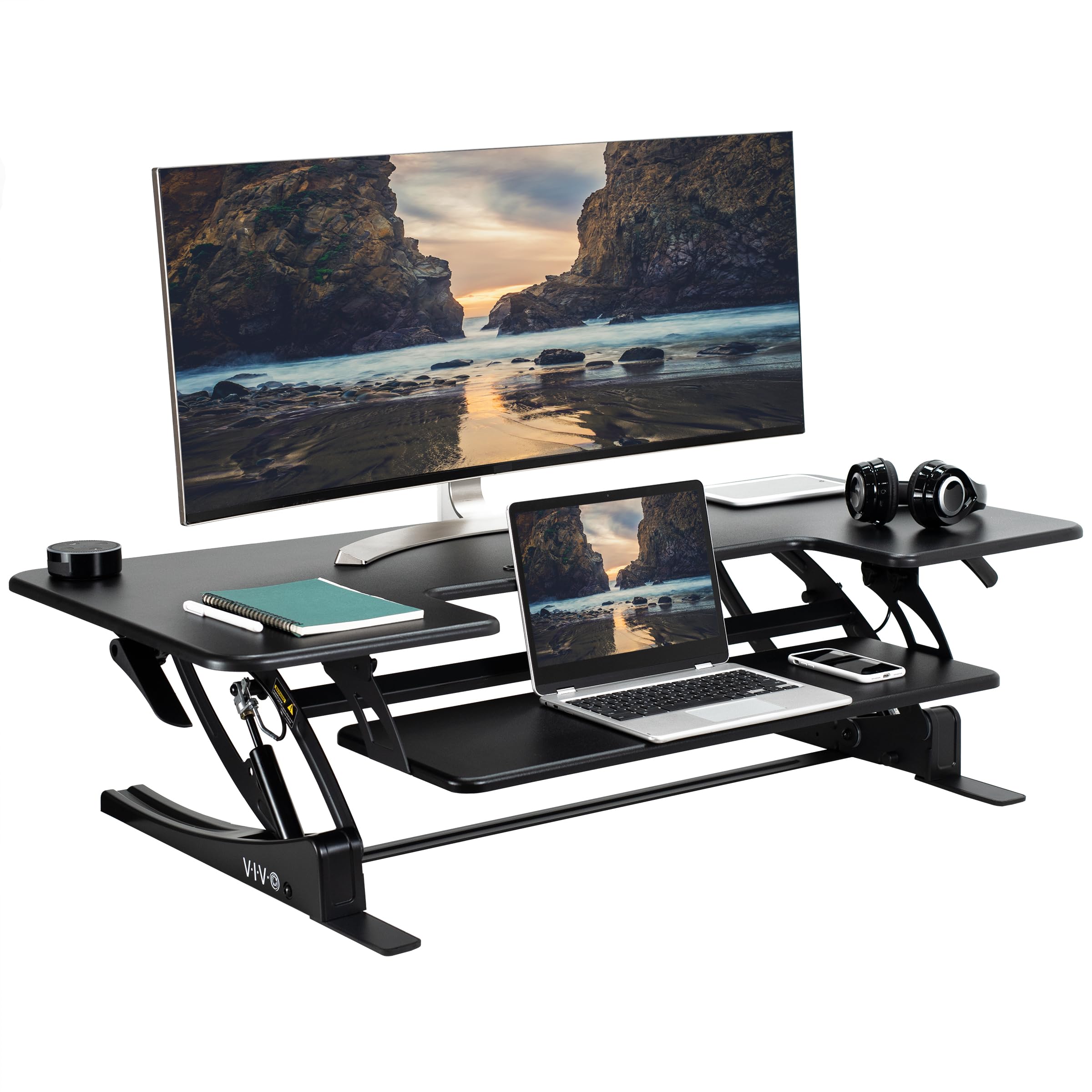 48 inch Height Adjustable Large Stand Up Desk Converter, V Series, Quick Sit to Stand Tabletop Dual Monitor Riser Workstation, Black, DESK-V048V
