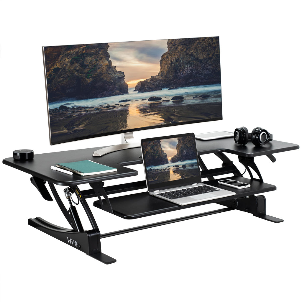 48 inch Height Adjustable Large Stand Up Desk Converter, V Series, Quick Sit to Stand Tabletop Dual Monitor Riser Workstation, Black, DESK-V048V