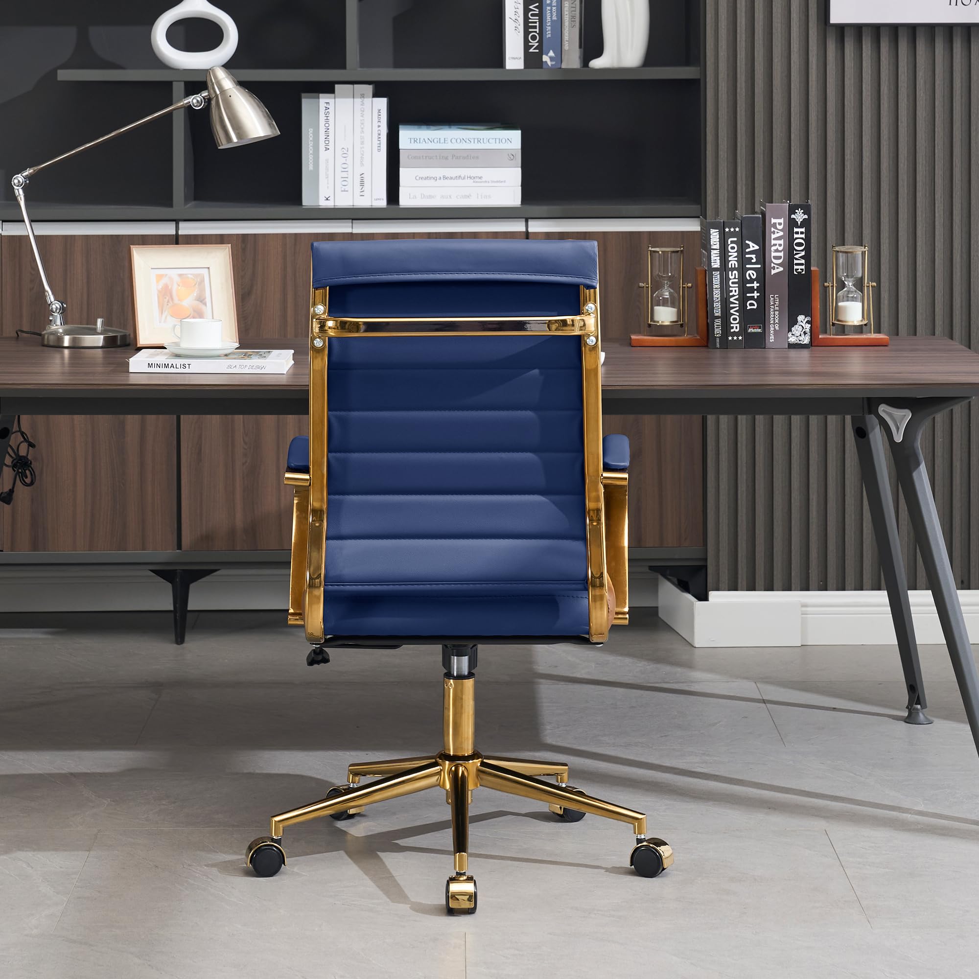 Gold Office Desk Chair, Ergonomic Leather Modern Conference Room Chairs, Executive Ribbed Height Adjustable Swivel Rolling Golden Chair for Home Office.
