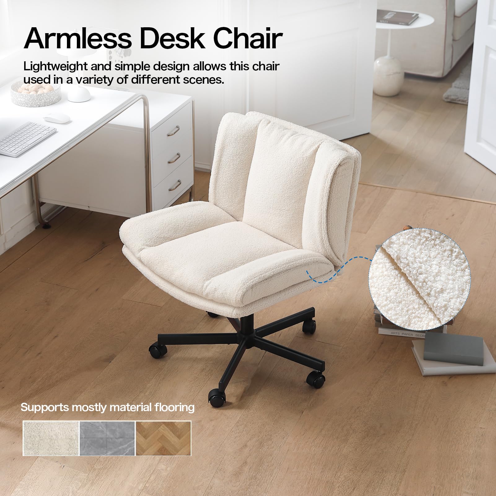 Criss Cross Chair with Wheels, Armless Makeup Chair with Wide Furry Seat, Height-Adjustable Vanity Chair, Convertible Between Fixed & Swivel Casters Office Chair Cross-Legged Chair - Cream