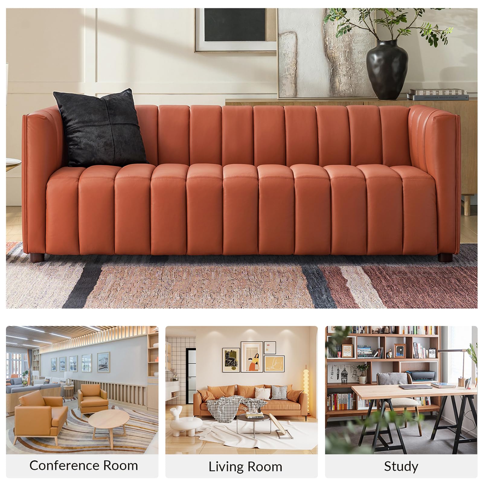 83" Genuine Leather Sofa with Channel Tufted Design, 3-Seater Sofa for Living Room Bedroom, Modern Oversized Couch with Wood Legs, Brick