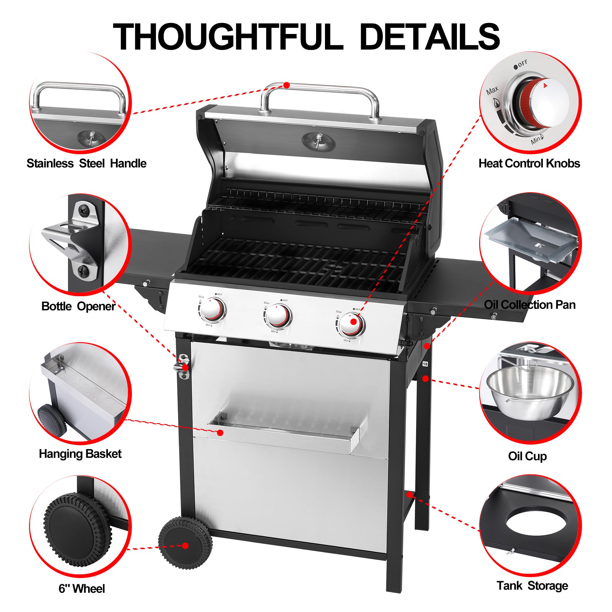 3-Burner Propane Gas Grill with Stainless Steel Cabinet - Outdoor BBQ Grill Side Table, Knob Controls, Cast Iron Grates & Thermometer