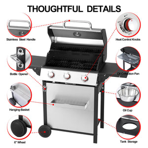 3-Burner Propane Gas Grill with Stainless Steel Cabinet - Outdoor BBQ Grill Side Table, Knob Controls, Cast Iron Grates & Thermometer